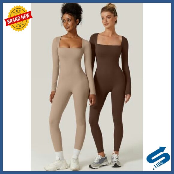 Long Sleeve Bodycon Jumpsuit Stretchy Leggings Style Square Neck - Picture 7 of 8